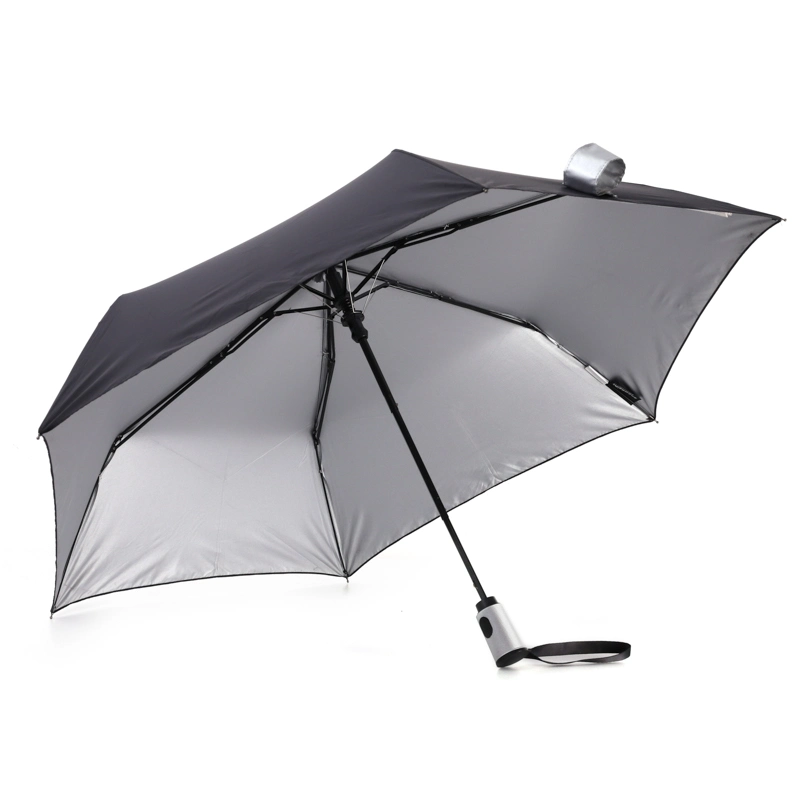 Customized Promotion Black Rain Sun Silver Coating Inside Compact Summer Anti UV Automatic 3 Folding Umbrella for Outdoor