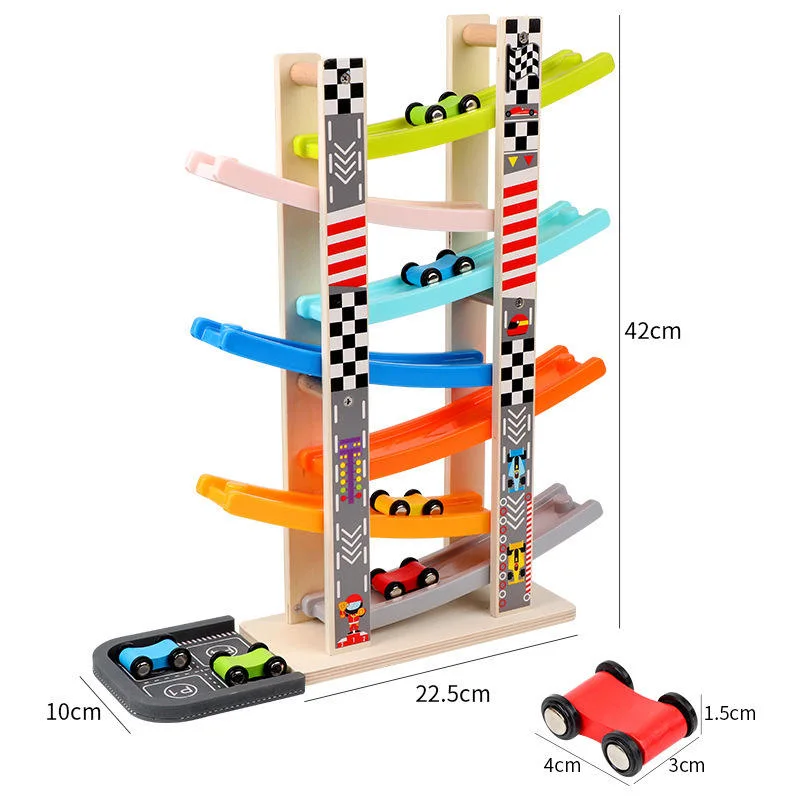 Montessori Educational Parking Wooden 7 Levels Slide Racing Tracking Cars Toy