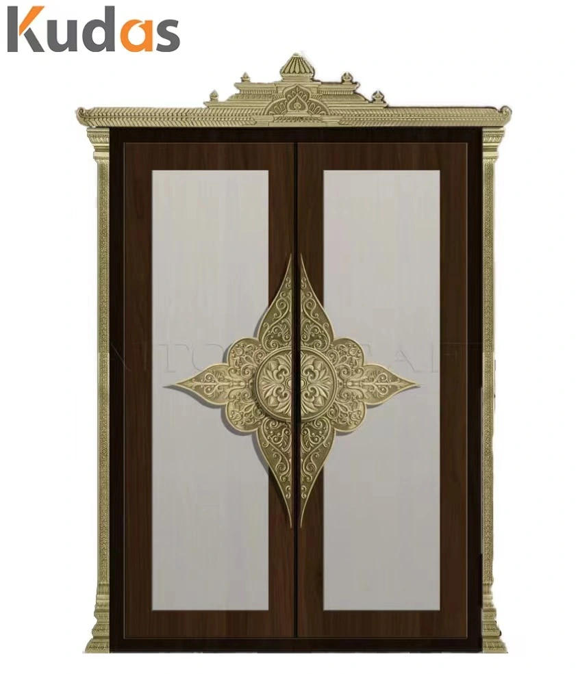 India Temple Style Entrance Exterior Entry Wood Glass Door with Brass Handle