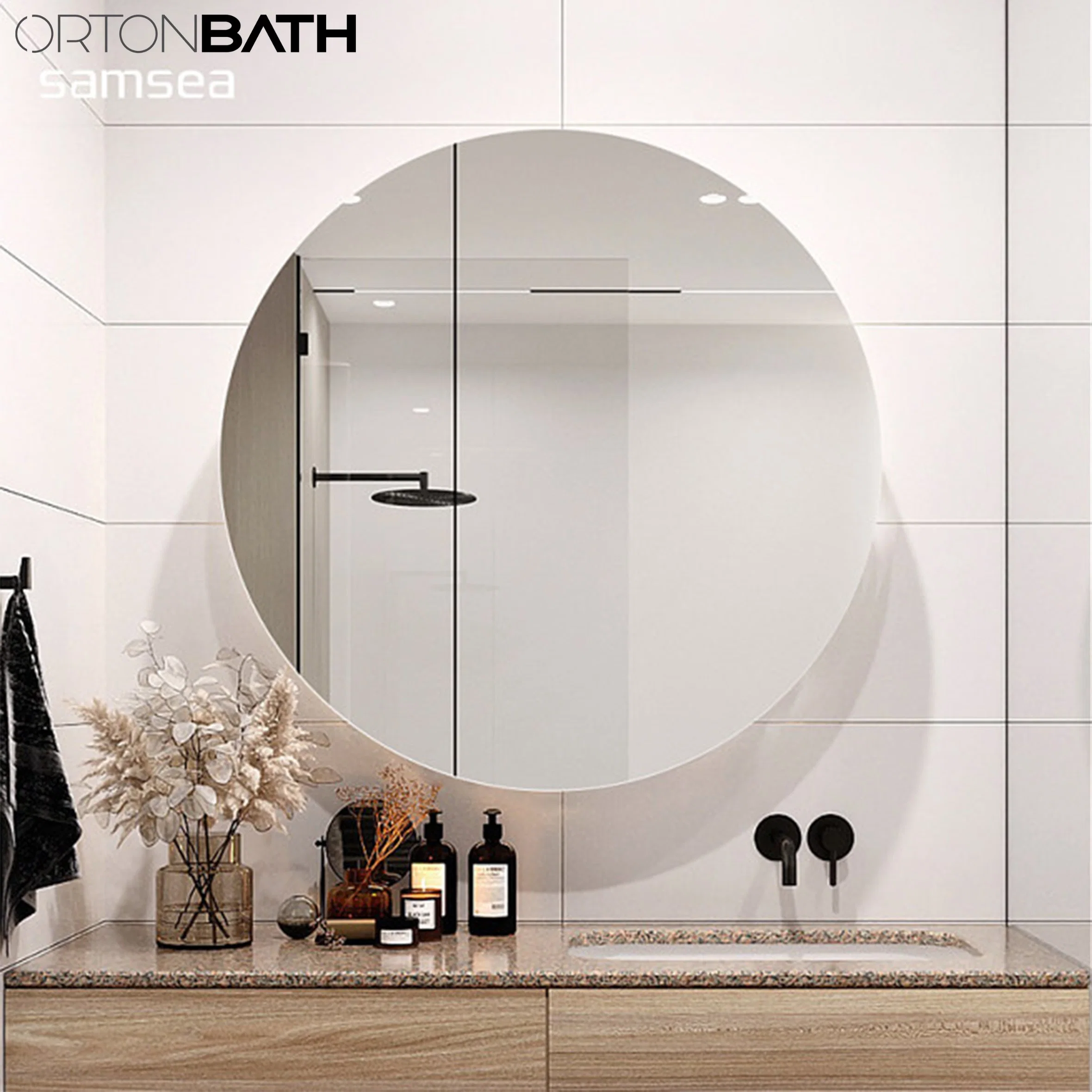 Ortonbath 34-Inch Circle Mirror Brushed Nickel Silver Wall Mounted Round Mirror, Stainless Steel Framed Mirror for Bathroom Vanity, Entryways, Living Rooms