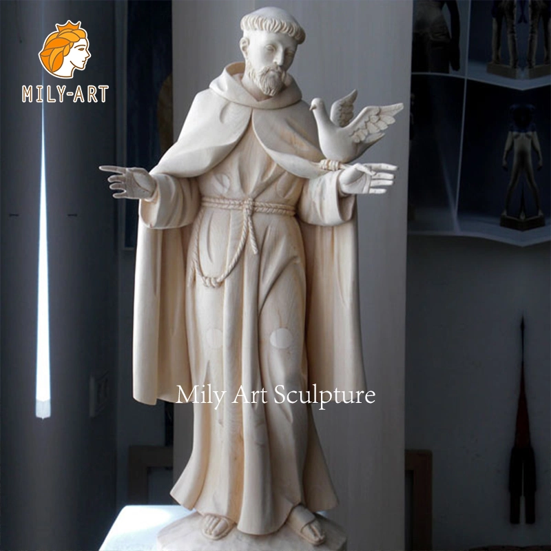 Life Size Outdoor White mão esculpindo Stone White Marble Saint Francis Sculpture