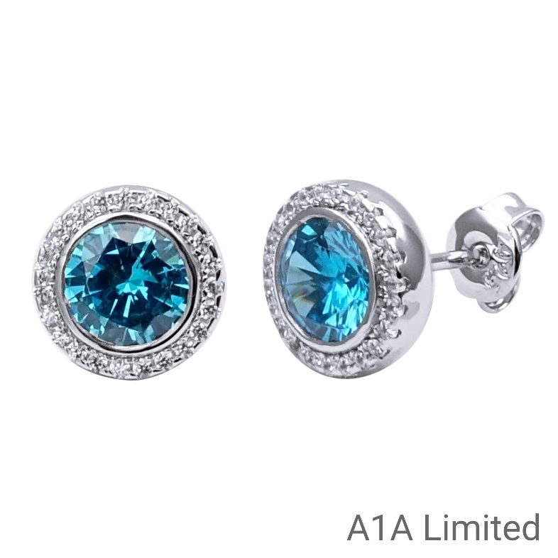 Fashion Jewelry Blue Sapphire CZ Setting Gold Ear Studs Sterling Silver Jewelry S925 Earrings for Women