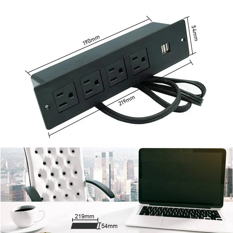 2m Hotel Desk Kitchen Conference Furniture Recessed USA Power Strip Socket 4 AC Outlets with 2 USB Ports