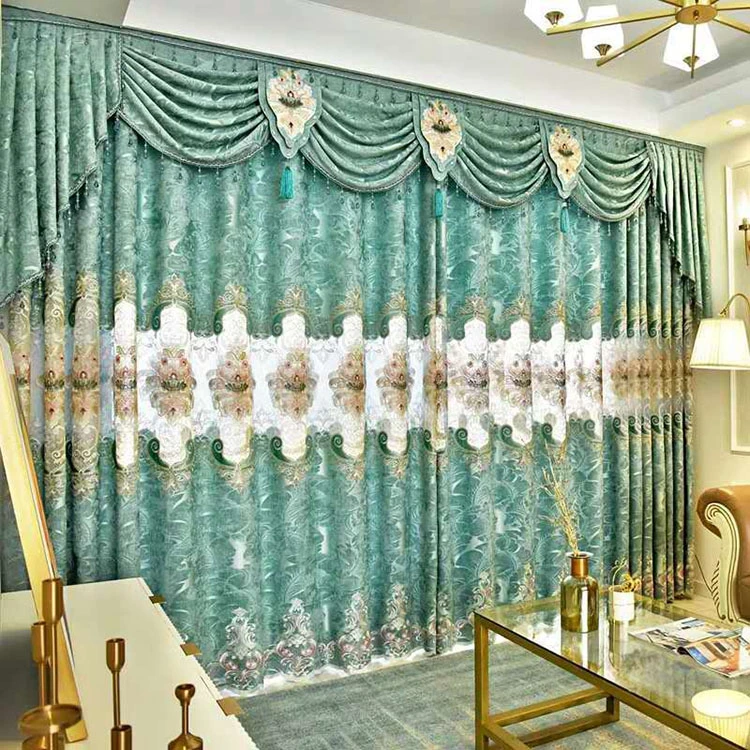 American Style Two Layer Luxury Window Floral Valance Jacquard Curtain