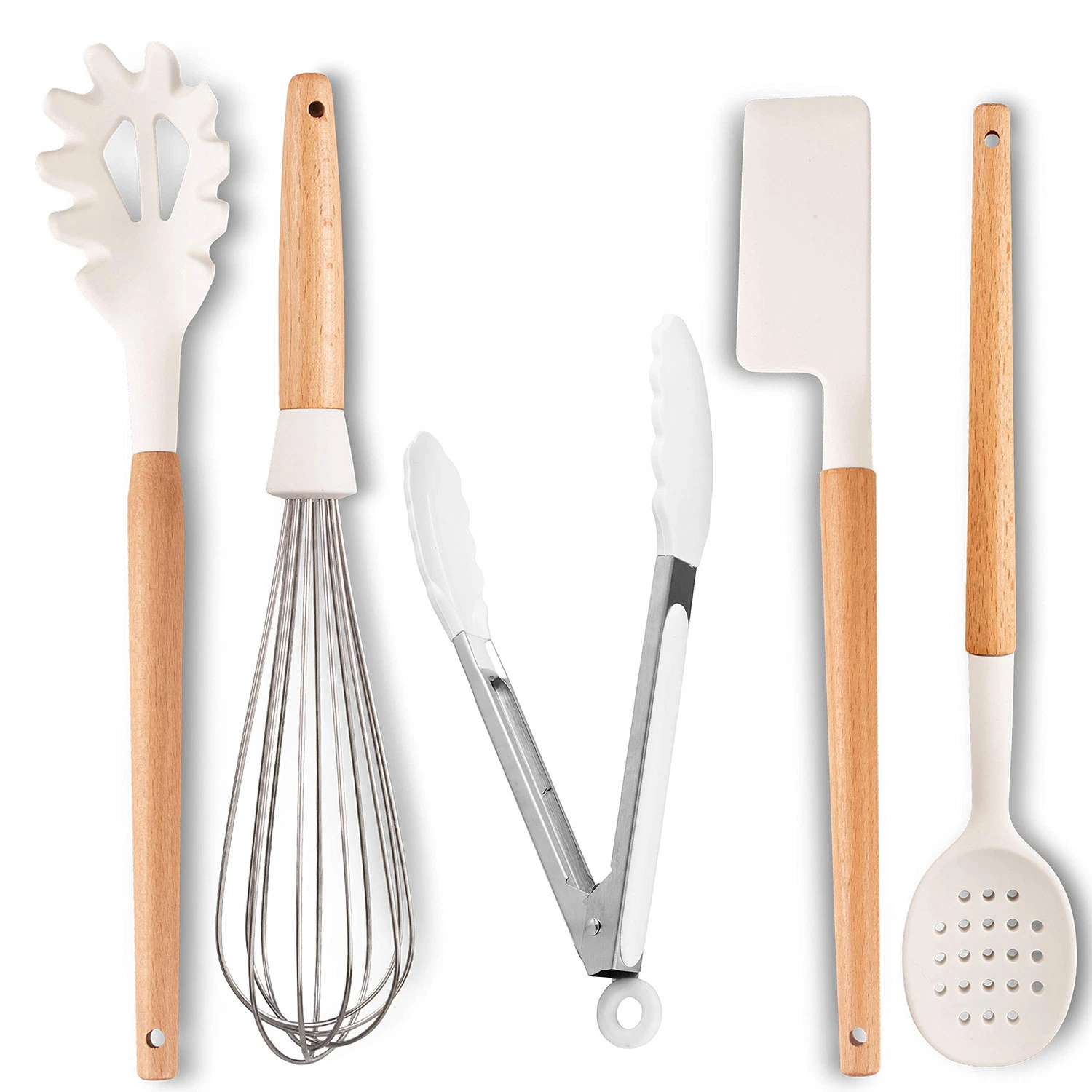 10PCS Juego de Cocina con Mangos de Silicona y Madera Utensilios de Cocina de Silicona de Grado Alimenticio