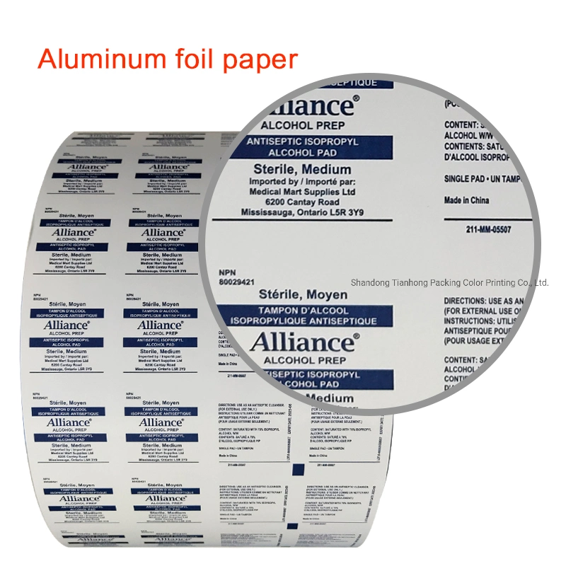 Papel de embalagem de folha de alumínio farmacêutico/medicinal para embalagens com almofada de álcool