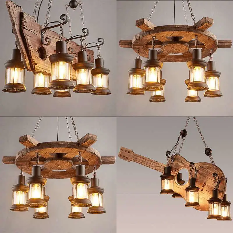 Style de décoration intérieure industriel nordique Lustre en bois et fer forgé avec éclairage LED