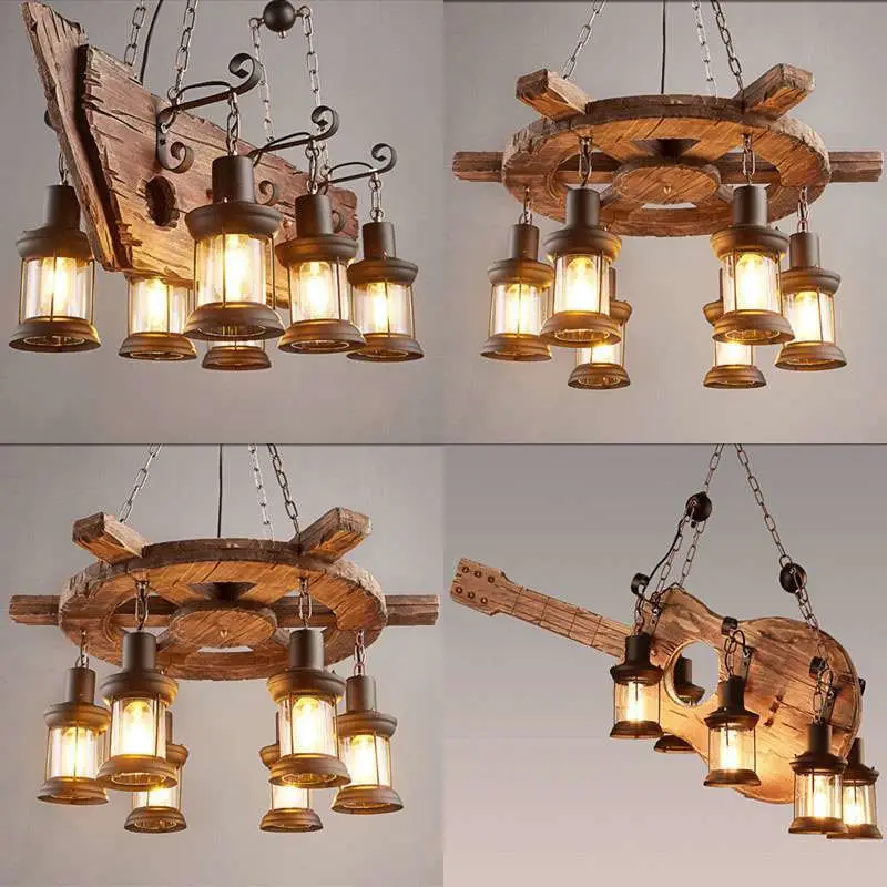 Nordic Industrial Style Interior Decoration Wooden Wrought Iron LED Lighting Chandelier