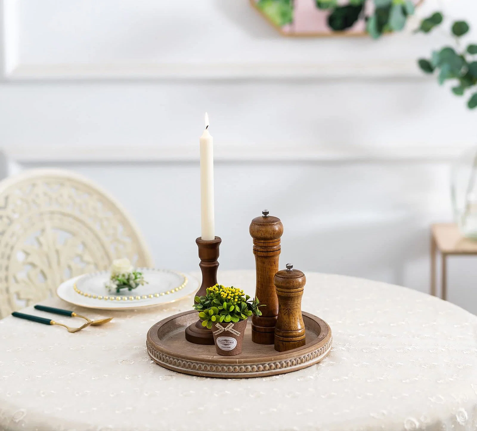 White Wooden Round Tray for Coffee Table Living Room Home Organizer