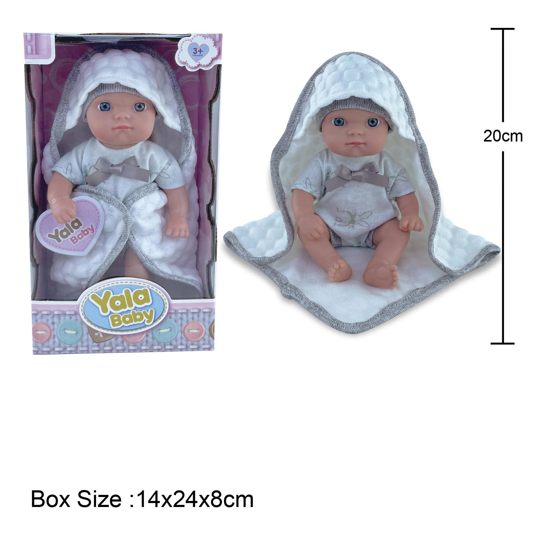 New 8" Good Quality Lovely Face Toddler Baby PVC Mini Doll with Fashion Fabric Blanket