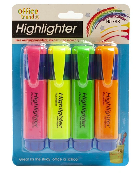Chisel Tip Fluorescent Highlighters, Dry-Quickly Non-Toxic Highlighter Markers, Tank Highlighters, Assorted, 4 Colors/Pack, School Supplies