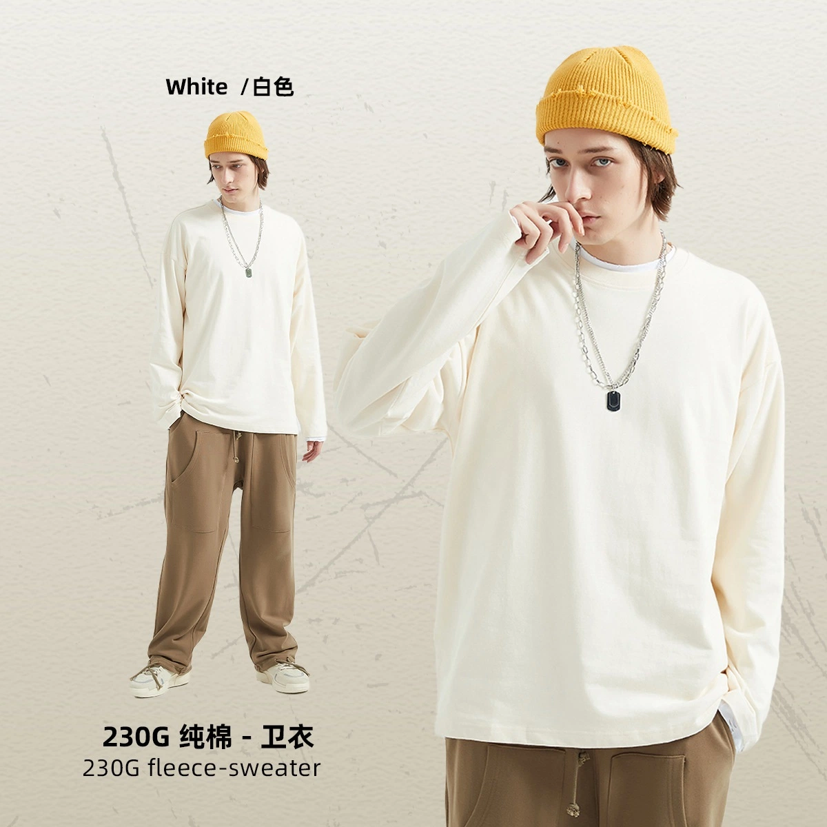 Fall New 230g Women Thickened Double Gauze Solid Color Pullover T-Shirt Loose Cotton Long Sleeve Men's Fashion T-Shirt