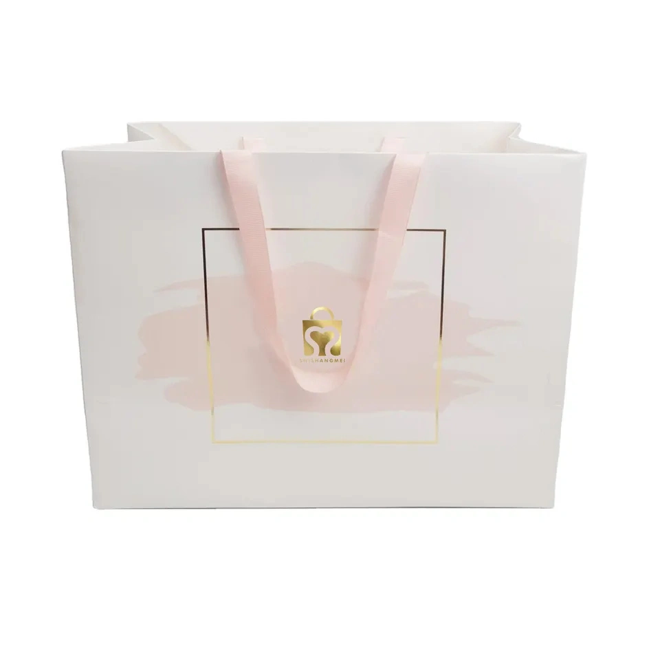 Customize Logo Printed White Boutique Shopping Clothes Paper Bag with Ribbon Handle