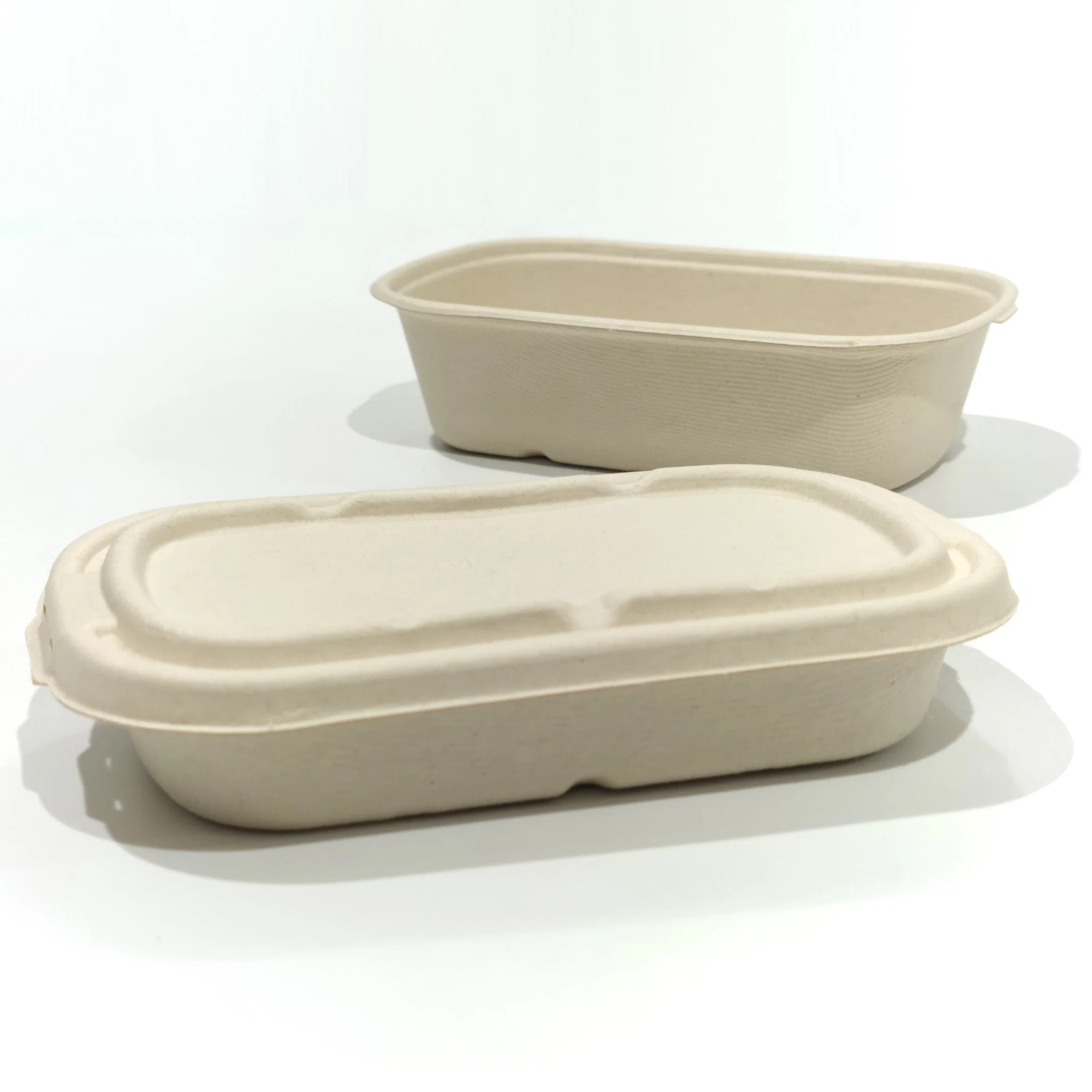 Neues Design biologisch abbaubare Take Away to Go Mittagessen Burger Essen Burger Ovaler Zellstoffbehälter zwei Zellen Zuckerrohr Bagasse Box mit Deckel