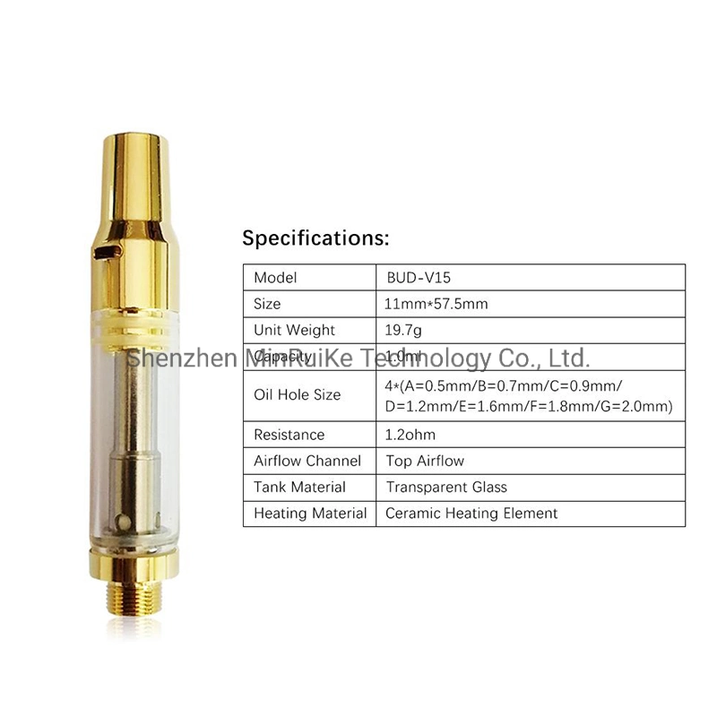 Bud V15 Vape Cartridges Em 1.0ml Golden Vape Cartridge 2.0mm Oil Hole E-Cigarettes Empty Ceramic Coil Carts 510 Thread Vaporizers Oil Atomizers