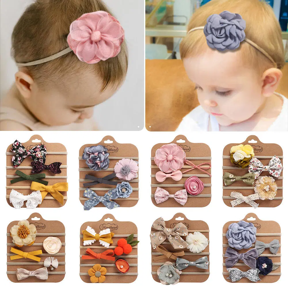 5pcs/Set Rhinestone Flower Cute Bow Girl Head bandas Newborn Elastic Cintas para la cabeza niños Accesorios para el pelo de bebé