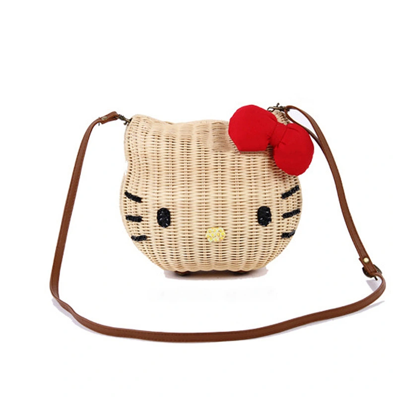 Neue Cartoon Bild Hand gewebte Damen Schultertasche Rattan mit PU-Band