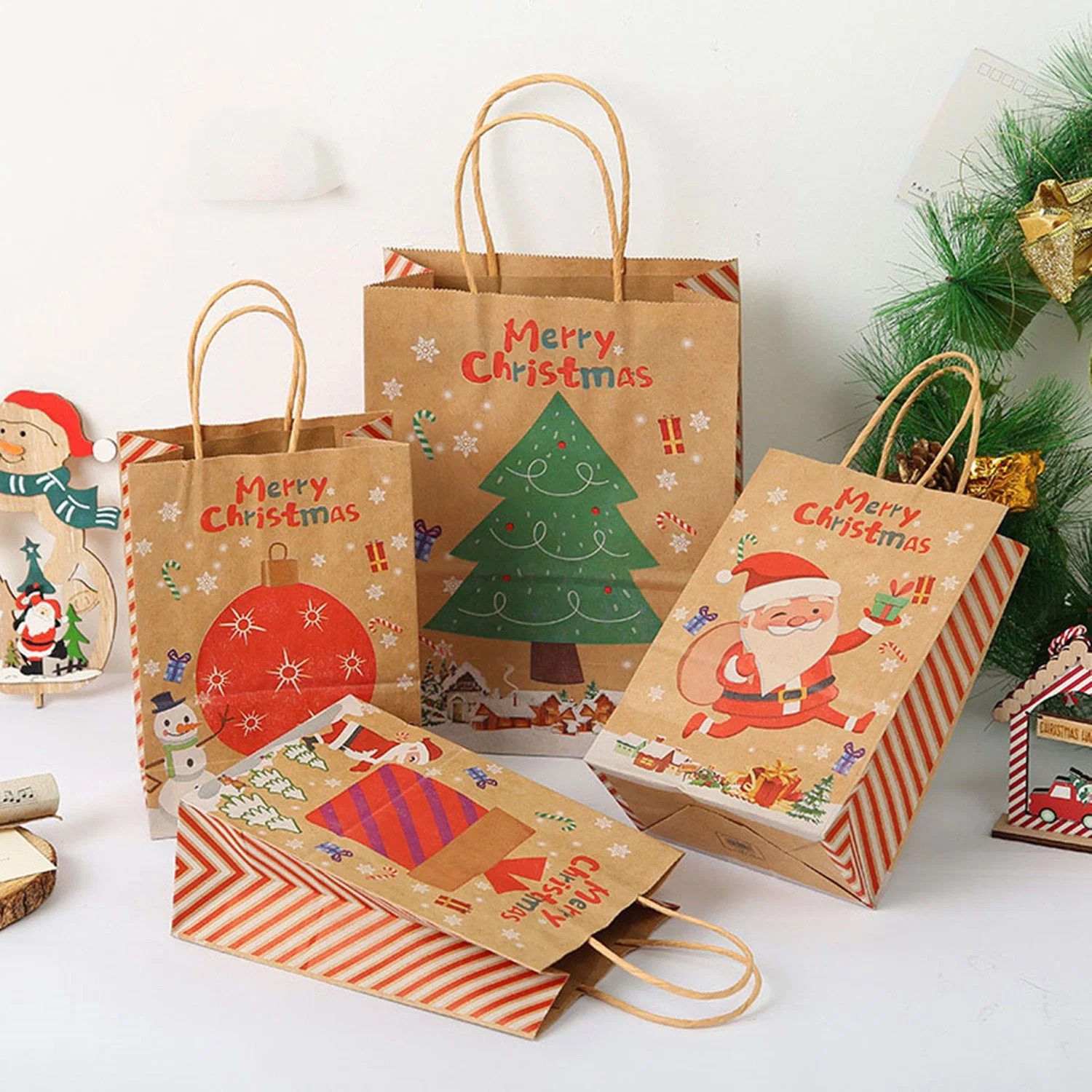 Recycled Eco-Friendly Christmas Gift Bags, Handbags, Biodegradable Shopping Custom Bags, Kraft Paper Bags, Hot Products