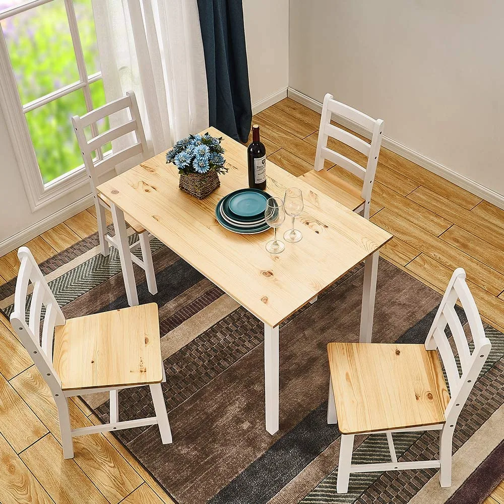 Dining room pine wood table set with 4 dining chairs