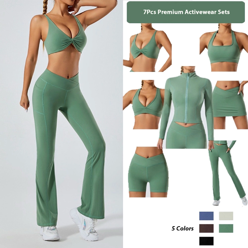 OEM/ODM 7PCS Sexy Workout Sets Premium Tennis Activewear for Women, Custom Stylish Yoga Bra + Running Jacket + Flared Yoga Pants Sweatsuits with Pockets