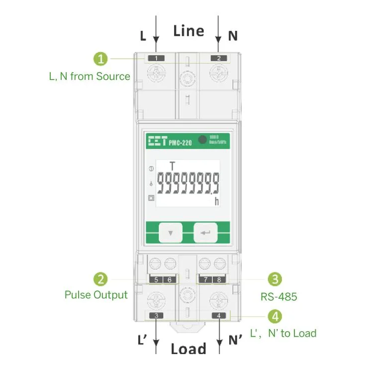 وحدة إدخال أحادية الطور بقدرة 63A Direct Connect ذاتية التشغيل PMC-220 DIN مقياس لقياس الطاقة الكهربائية باستخدام RS-485