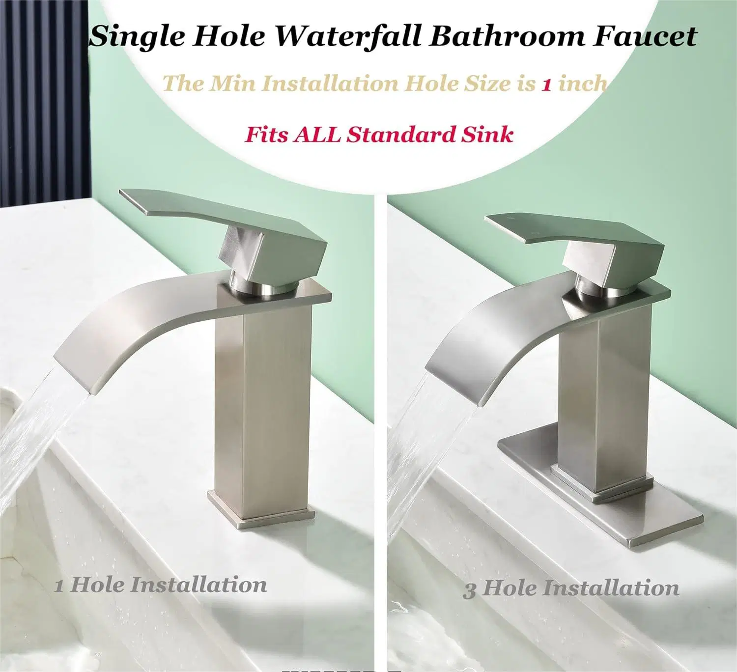 Waterfall Single Hole Bathroom Faucet, Single Handle Bathroom Sink Faucet Brushed Nickel with Pop up Drain Assembly and Deck Plate for Sink 3 Hole Installation