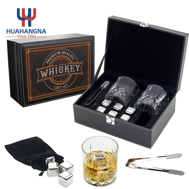 Whiskey Stone Gift Set 2 Pack Custom Logo Crystal Whiskey Glasses Set with 6 Stainless Steel Stones and Tong in Leather Box