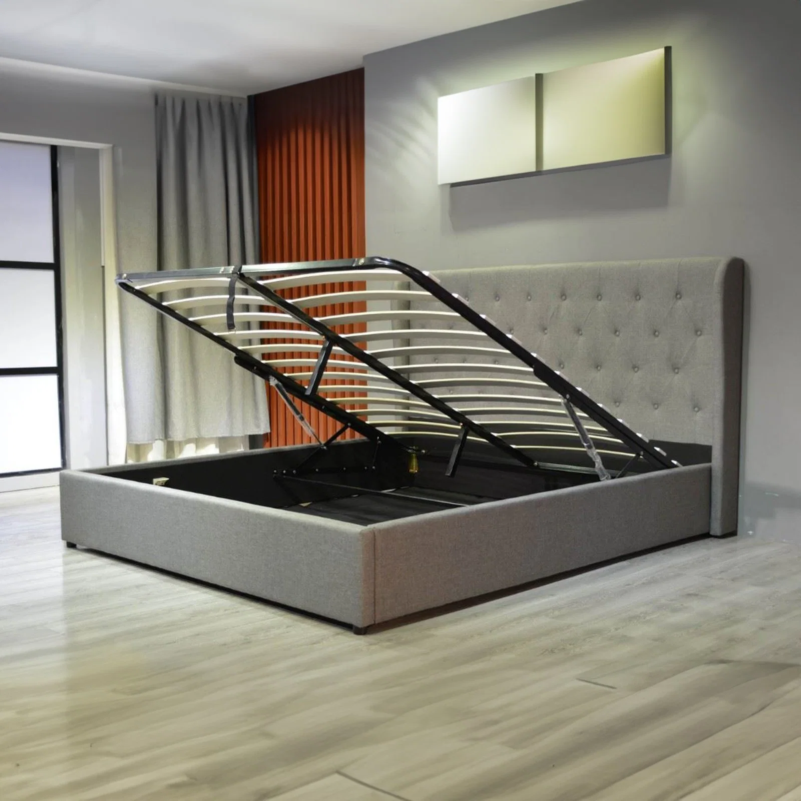 Huayang Luxury Bed Frame غرفة نوم مزدوجة بالجملة بحجم كوين منزل خشبي صناعة الأثاث مصنع SGS شهادة تخزين الغاز سرير الرفع تخزين سرير من القماش