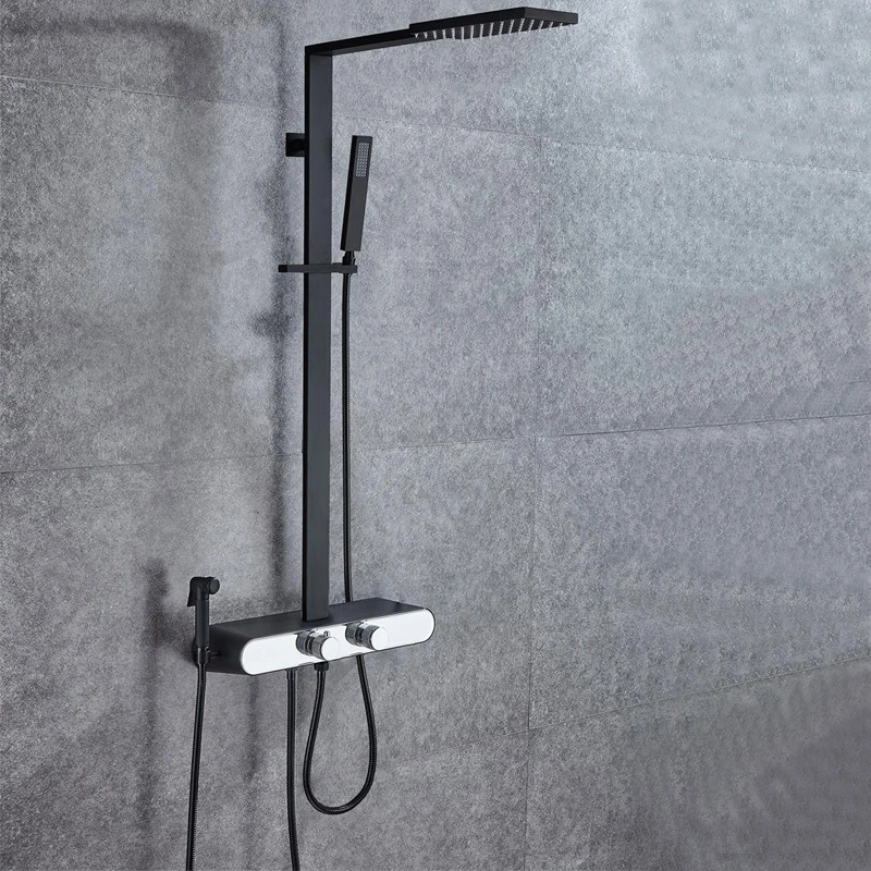 Modern Bathroom Black Square Rain Shower Set with Spray Gun Wall Mounted Shower Set