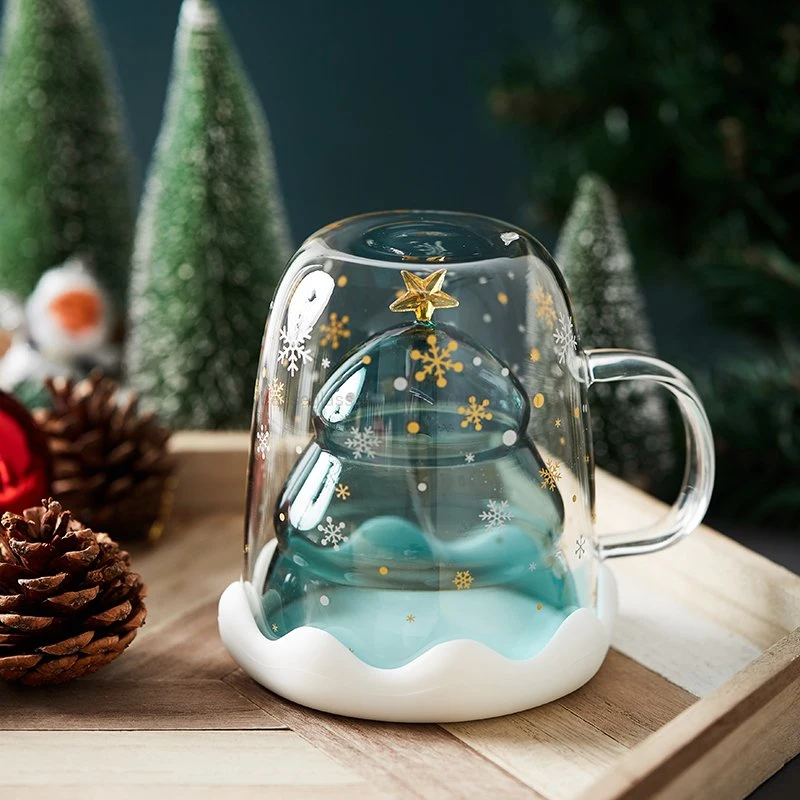 Manufacture New Design Double Wall 3D Snow Globe Coffee Mug Merry Christmas Gift Set Mug Santa Tree Glass Cup 300ml