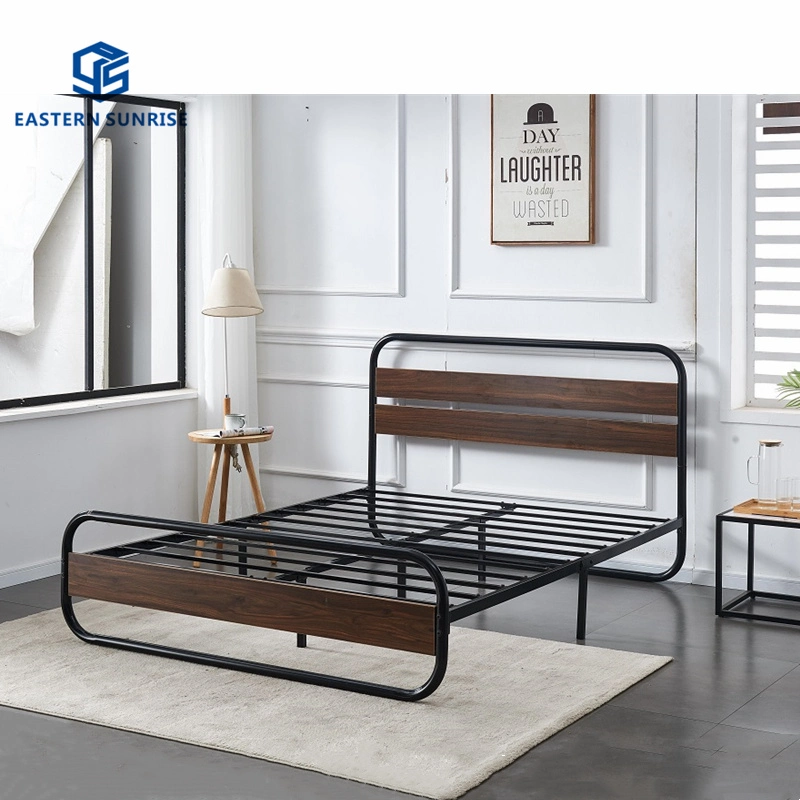 New Design Bedroom Furniture, Metal Bed Frame with Wooden Headboard, Easy Assembly