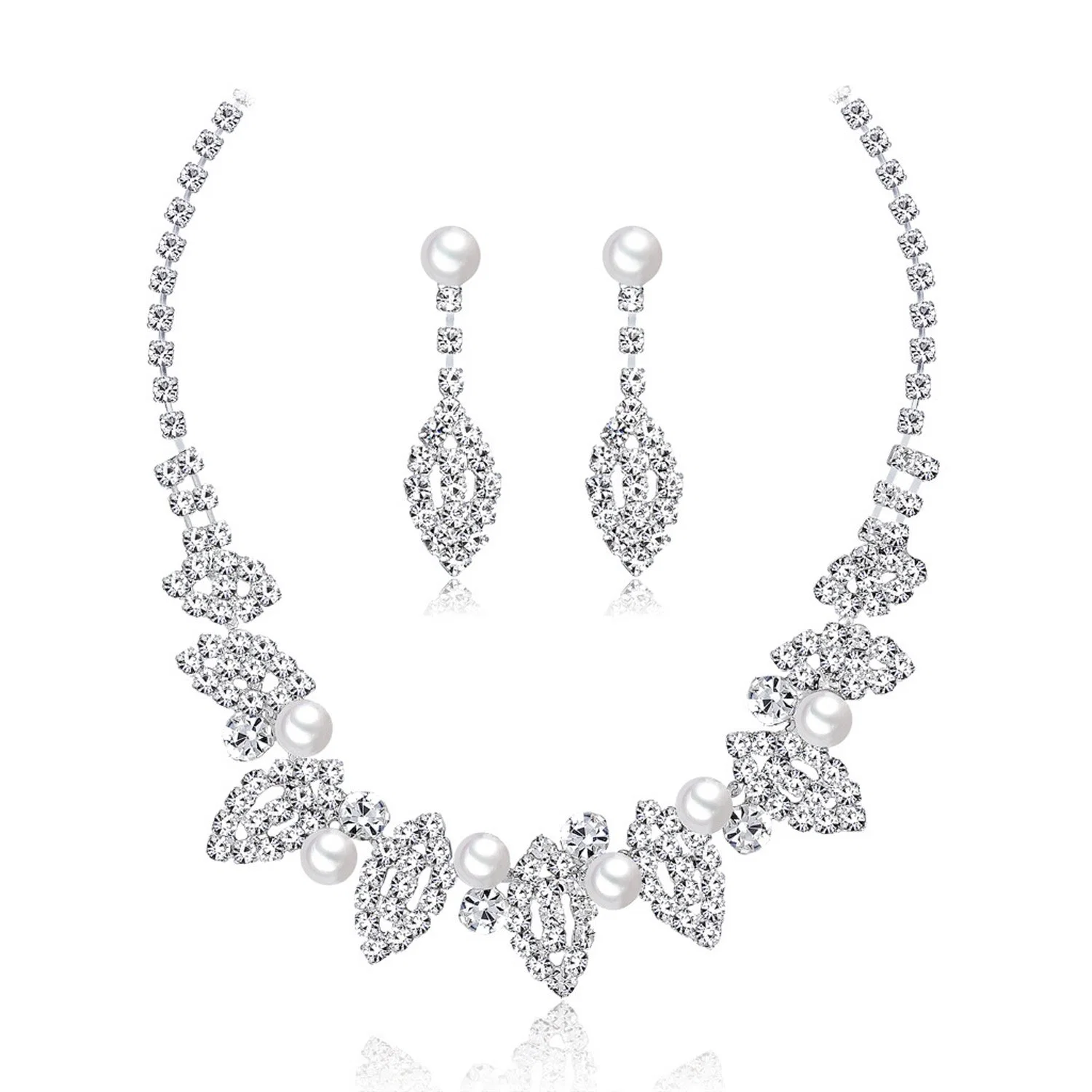 Rhinestone Crystal Bridal Floral Wave Teardrop Necklace Earrings Set