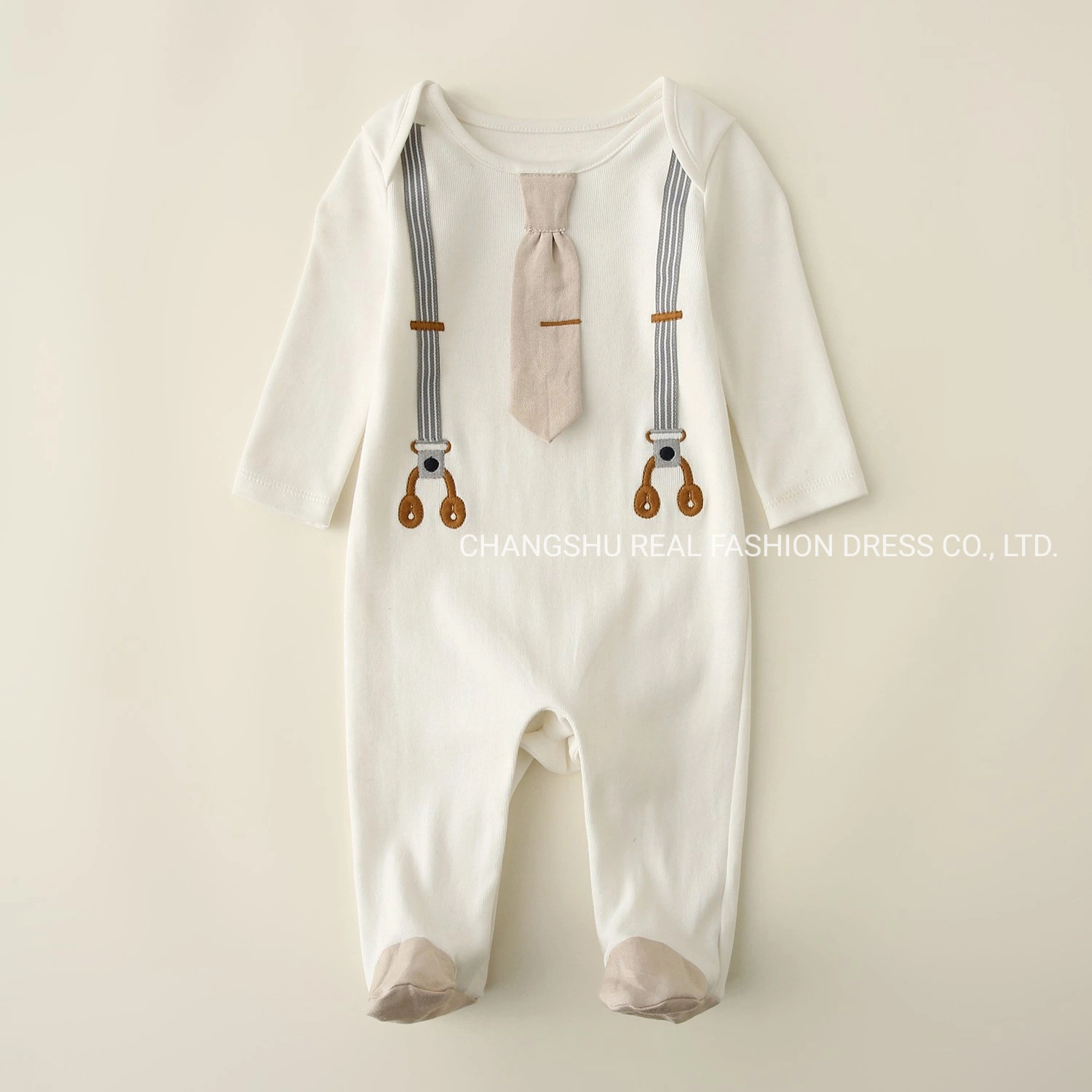 Newborn Children Clothing Infant Boy Baby Knitted Footed Coverall Romper Wear with Straps by Embroidery
