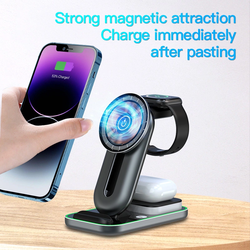 2023 New Qi 15W Mobile Charging Station Pad LED Light 4 in 1 Adjustable Magnetic Wireless Charger for Mobilephone