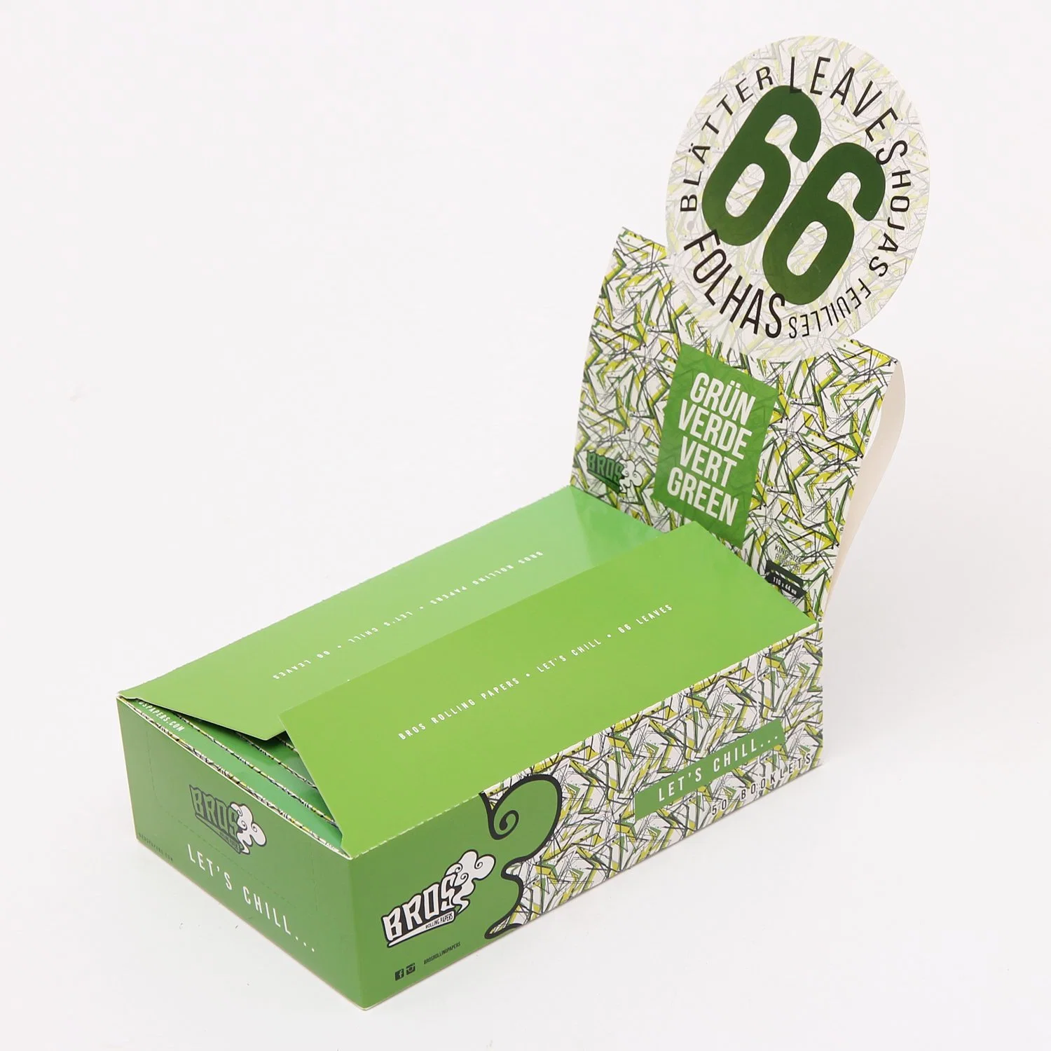 Bros emballage vert fumer Rolling Paper Logo personnalisé 66 feuilles