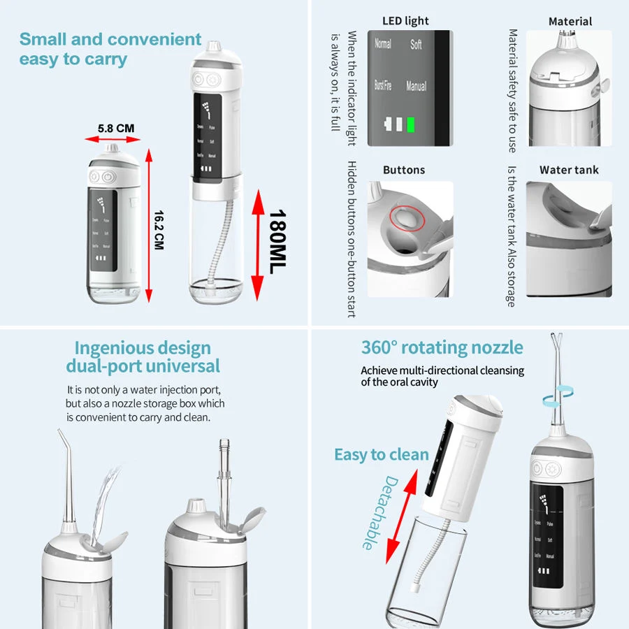 Jssan Scalable Water Flosser Multifunction Oral Irrigator 6 Mode Pulse High Pressure Oral Cleaner Toothbrush Portable for Travel