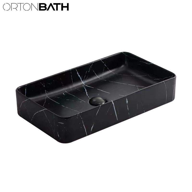 Ortonbath Rectangle Black Marble Grain Colorful Counter Top Ceramic Electroplated Basin Art Wash Basin Sink with Faucet Mixer Hole for Bathroom Vanity Cabinet