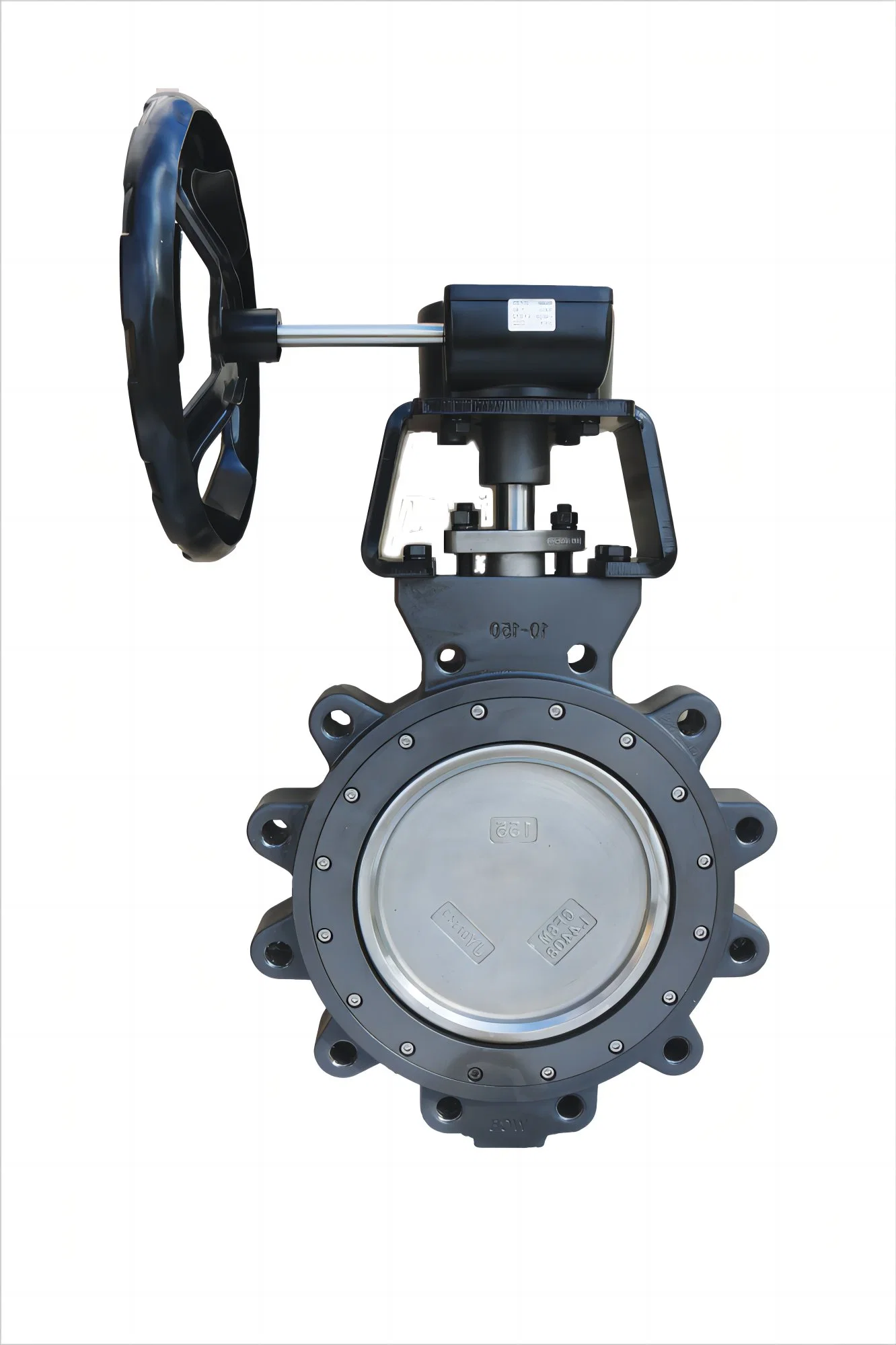 Zahnradbetriebene doppelte exzentrische Absperrklappen mit hoher Leistung, WCB-Gehäuse, voll mit Ösen, SS316 Scheiben/Welle/Schaft und Zierleiste, gefüllter PTFE-Sitz und PTFE-Dichtungen