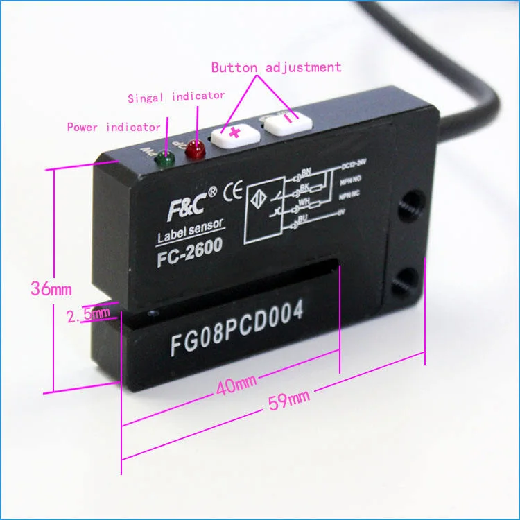 Os sensores de rotulação fotoelétrico sensor em forma de forquilha adequada para máquina de embalagem, a Identificação automática do Sistema da Máquina