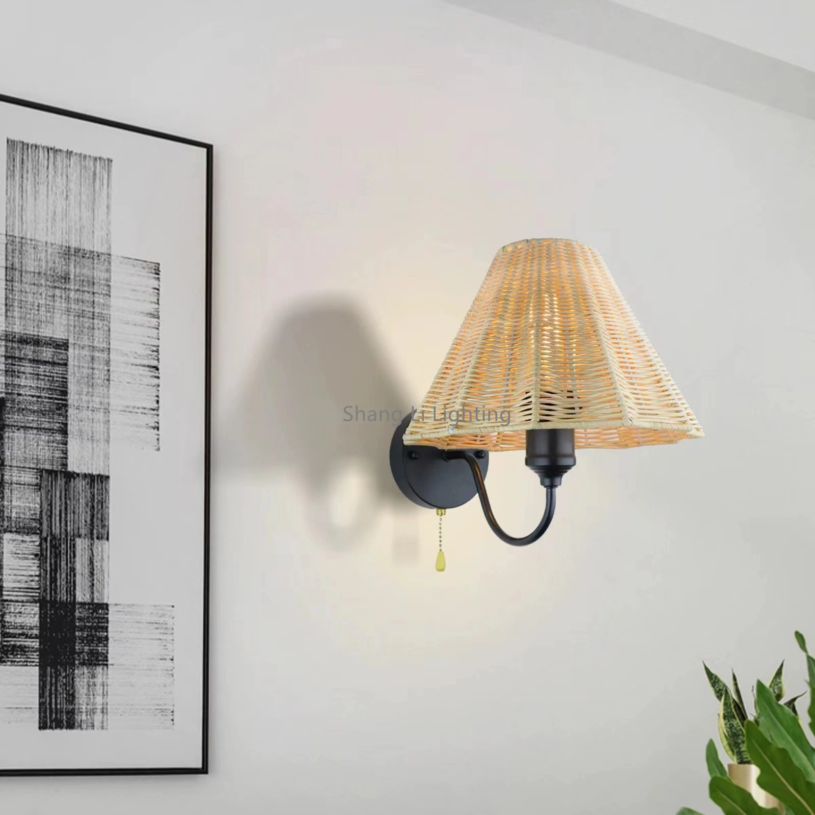 Modern Chinese Style Rocker Arm Wall Lamp Bedroom Bedside Lamp Japanese Style Living Room Study Creative Hand-Woven Decoration Wall Lamp