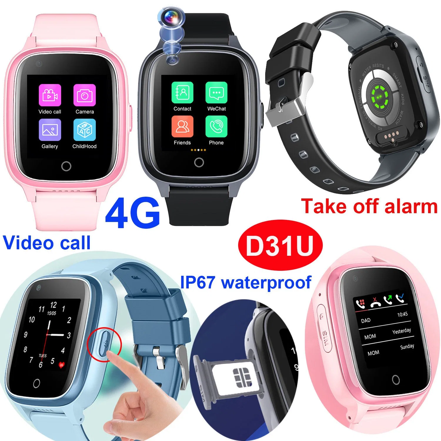 Hot Selling 4G IP67 Waterproof Take off Alarm Child Kids SOS Call Gift Smart Watch GPS Tracker Phone with Video Call for safety monitoring D31U