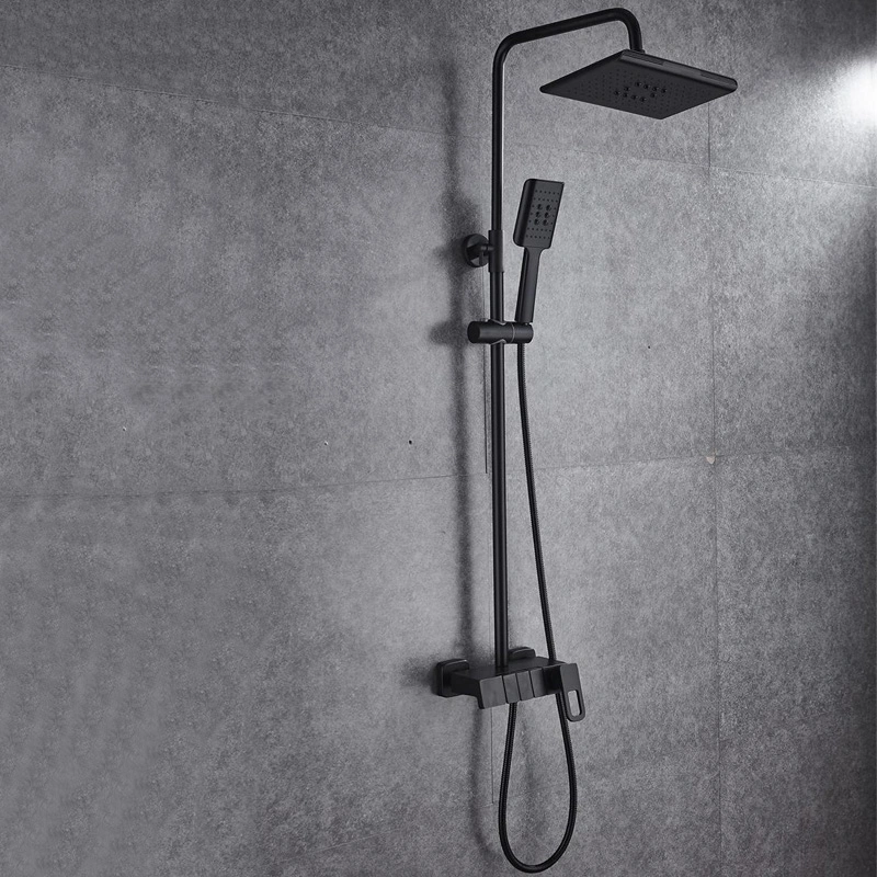 Black Brass Waterfall 8'' Head Shower Bathroom Thermostatic Bath Shower Set