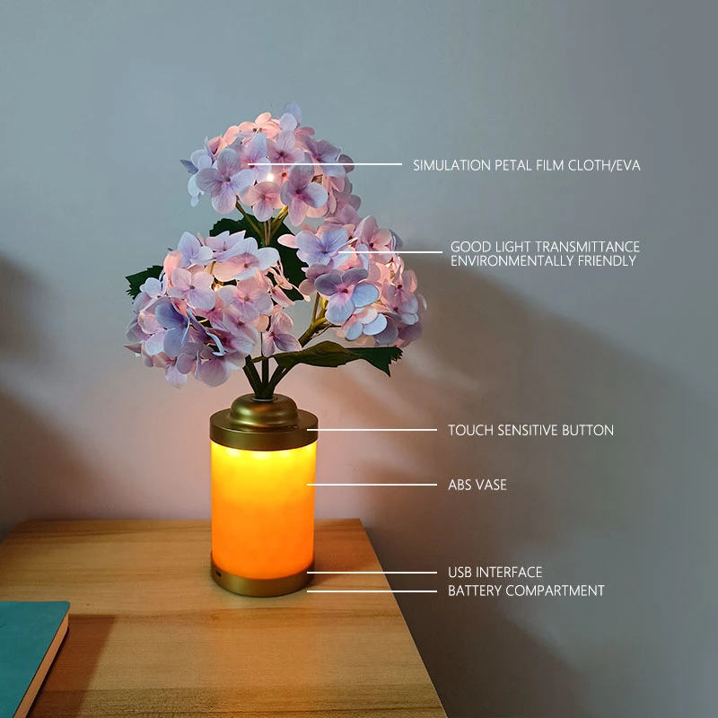 Cross-Border Warm and Modern Minimalist Bedroom Bedside Night Light USB Connection 5th Battery Creative LED Flower Vase Lamp Decorative Table Lighting