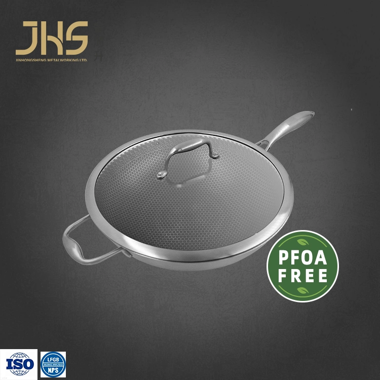 Sain Eco friendly PFOA sans triple pli en acier inoxydable Wok non Batterie de cuisine à motif nid d'abeilles à gravure en bâtonnets avec couvercle en verre