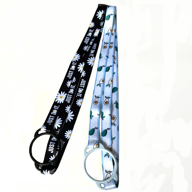 Venta caliente Logotipo personalizado Lanyard poliéster ajustables funda de botella de agua cubeta de plástico titular Bandolera con anillo de silicona