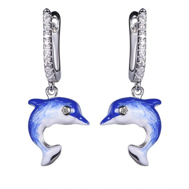 Girl&prime; S 925 Silver Enamel Dolphin Pendant Earring Jewelry Set