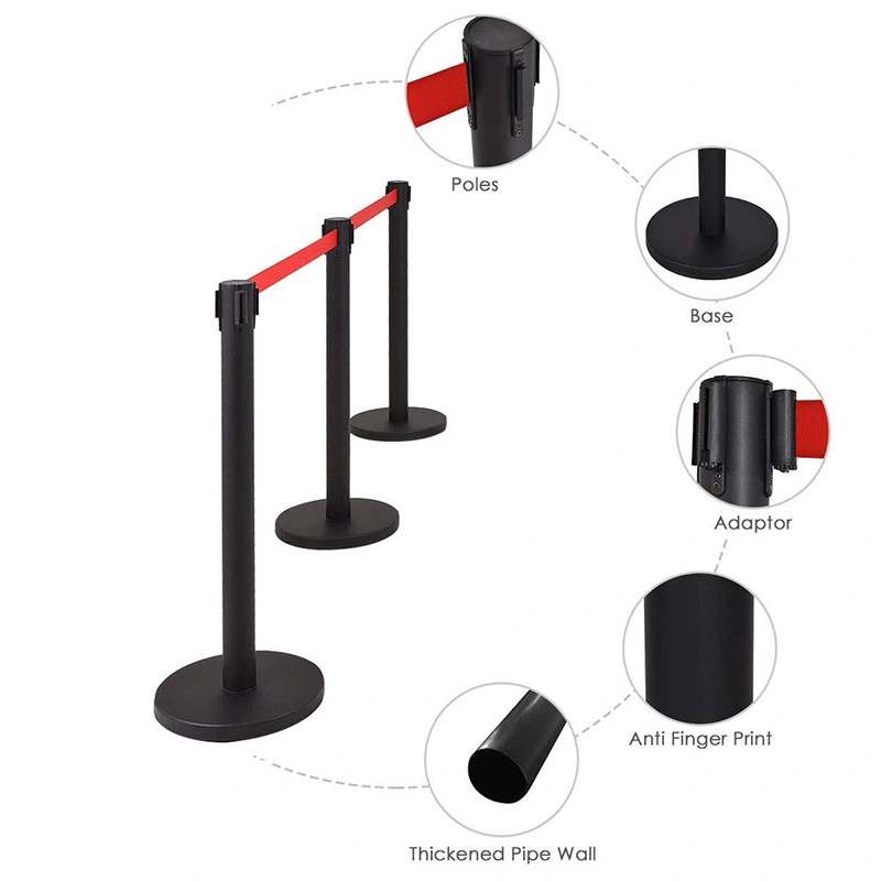 Black Multi-Purpose Crowd Control Barrier Stanchion Bank Post with Red Retractable Belt