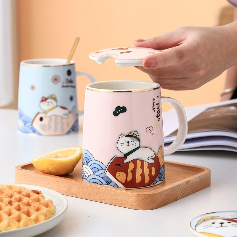 Drucken Keramik Becher Büro Cartoon Wasser Tasse mit Deckel und Löffel Kaffee Tasse Geschenk Becher zur Förderung maßgeschneiderte Porzellan Farbe