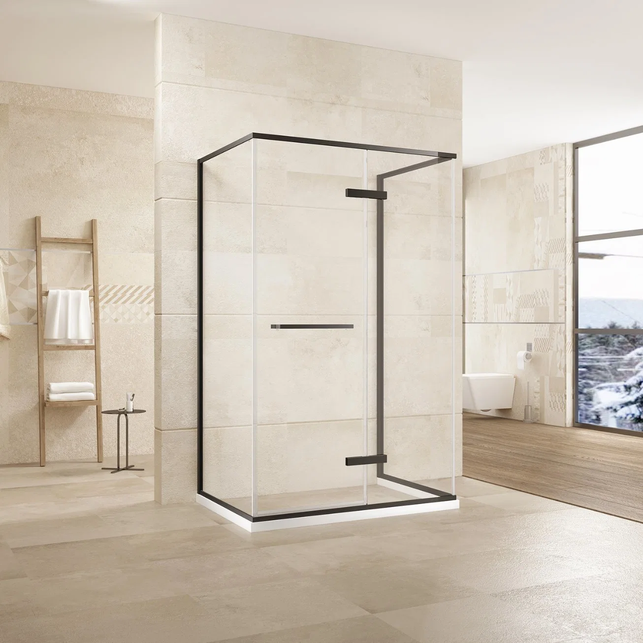 Bathroom 8mm Tempered Glass Luxury Matte Black Stainless Steel Hinge Shower Room Ls28741
