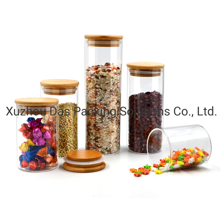 200ml 250ml 300ml 900ml 1500ml Candy de cocina hermético de borosilicato redondo Galletas Embalaje de envases de comida almacenamiento de vidrio Jar Cristalería con bambú Tapas